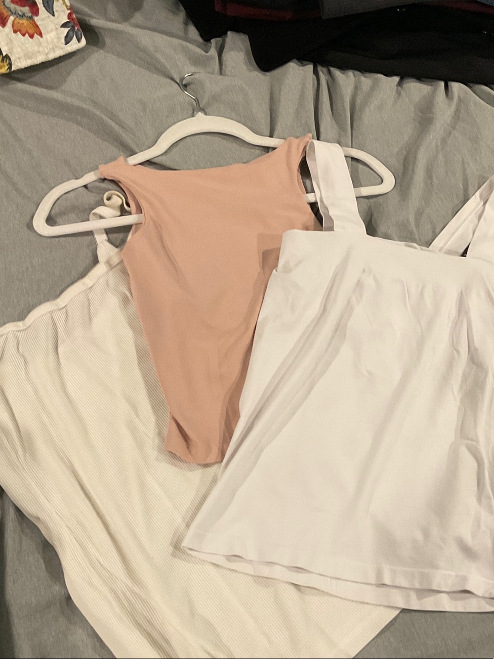 Free People 3 pack. Cream Intimately Ribbed Tank Top, white and dusty pink.
